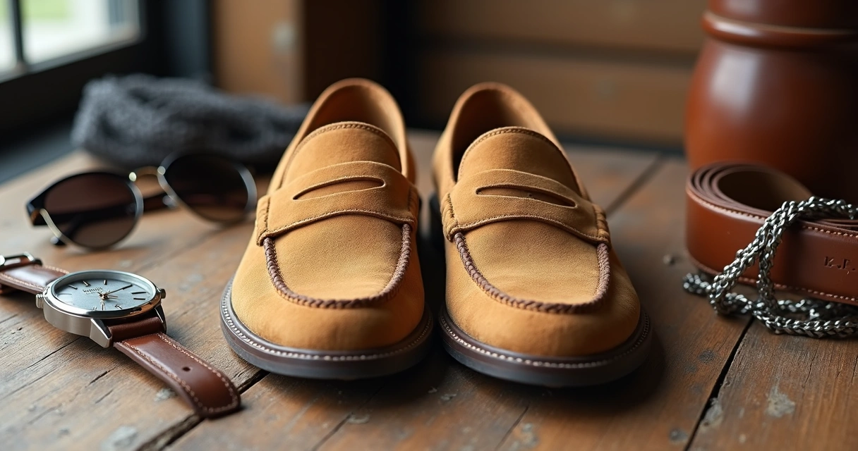 Mocassim marrom claro e cinto casual masculino em mesa de madeira 