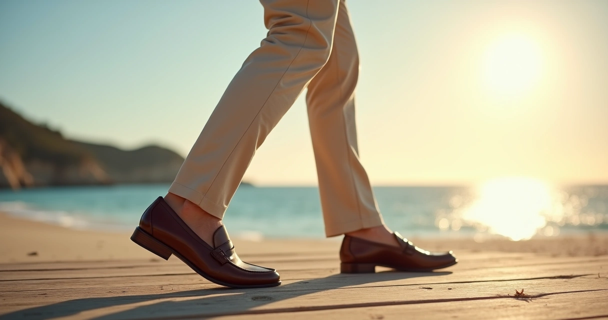 Homem veste terno claro e mocassim enquanto caminha em deck de madeira na praia 