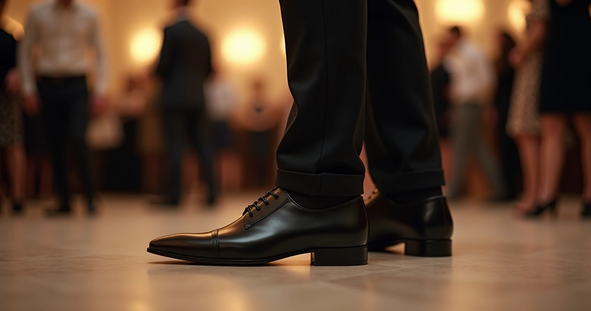Homem elegante vestido social usando sapato preto com calça de alfaiataria 