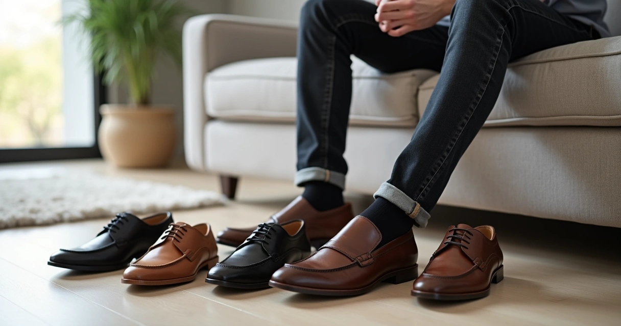 Homem sentado em sofá vestindo sapatos casuais masculinos em couro 