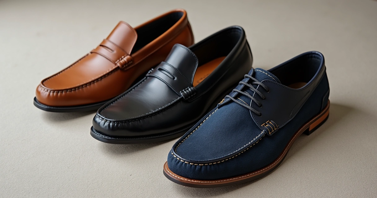 Sapatos masculinos casuais em couro, mocassim e slip-on organizados sobre fundo neutro. 