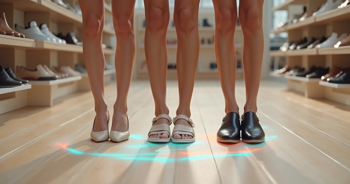 Pernas de pessoas experimentando diferentes sapatos confortáveis em loja moderna 