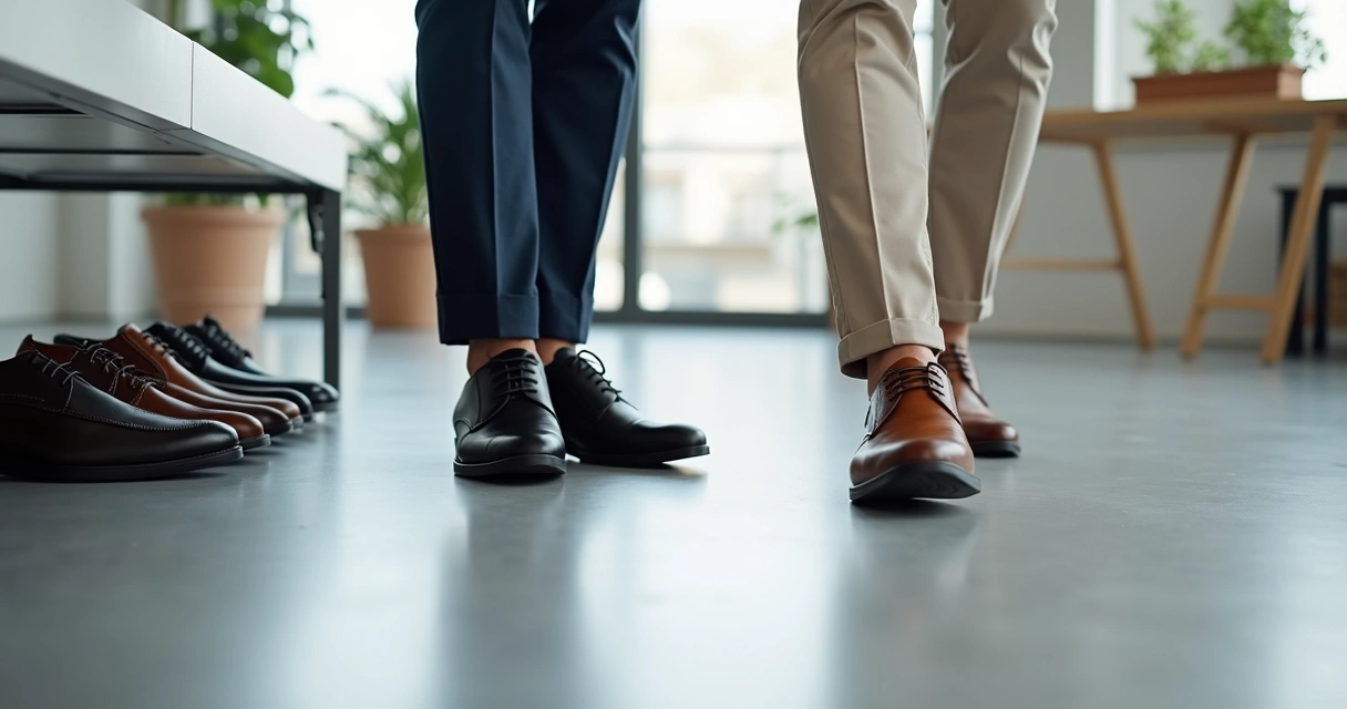 Sapatos de couro masculinos e femininos alinhados em ambiente de escritório moderno 