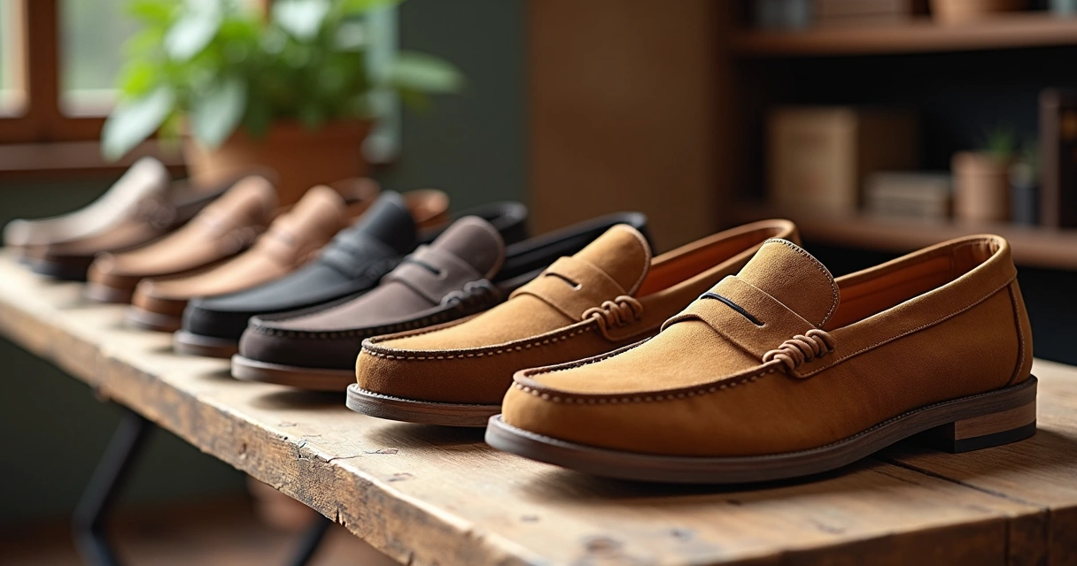 Sapatos masculinos casuais variados em mesas de madeira 