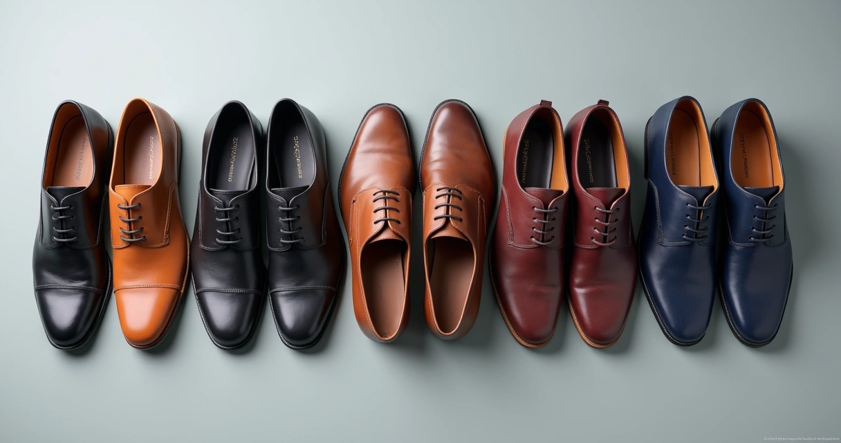 Diferentes sapatos masculinos e cintos coloridos organizados em fundo neutro 