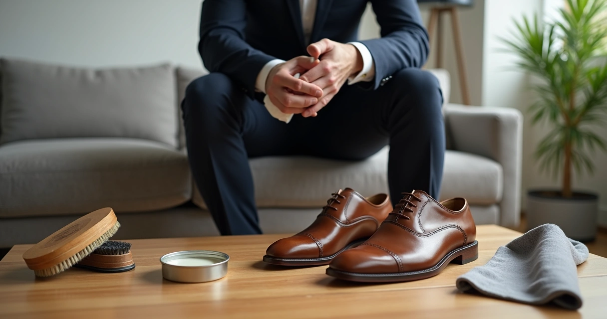 Homem limpando sapato social masculino de couro marrom com pano e produtos de cuidado 