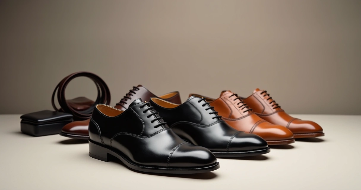 Sapatos sociais masculinos em diferentes modelos alinhados sobre fundo neutro 