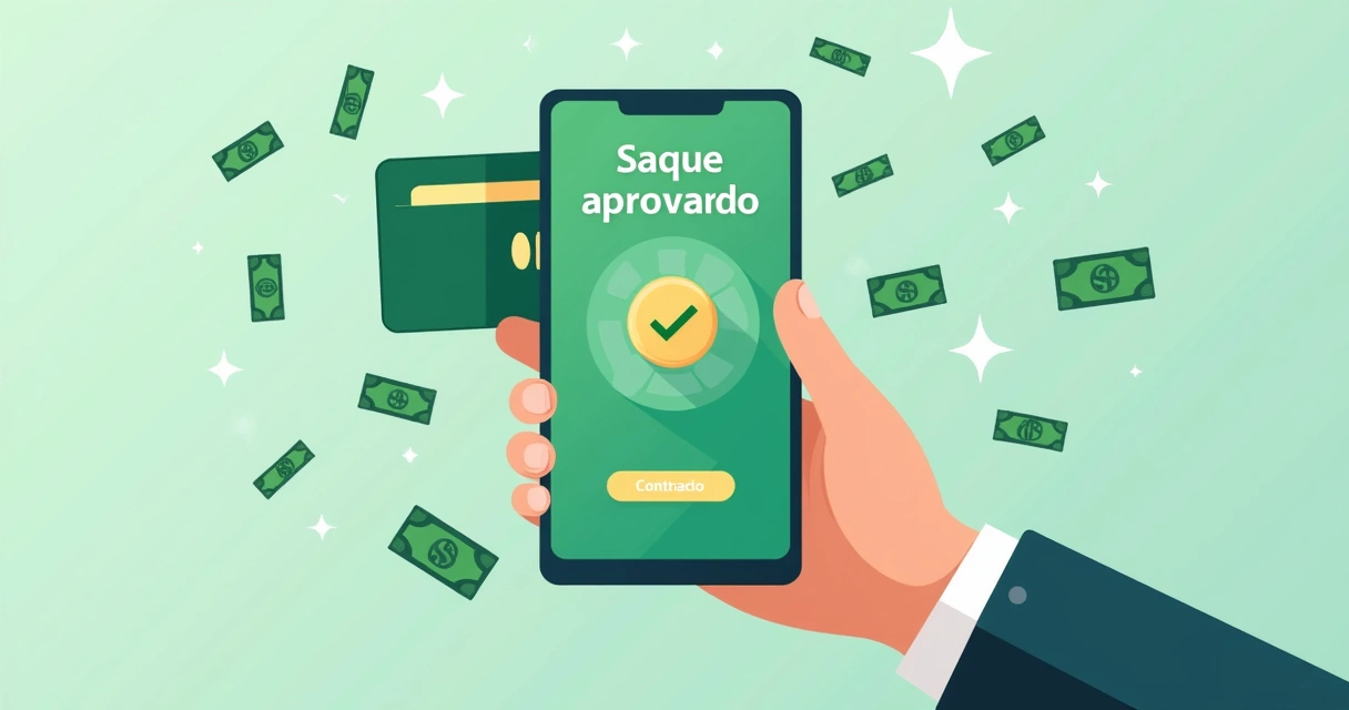 Mão segurando celular mostrando confirmação de saque automático 