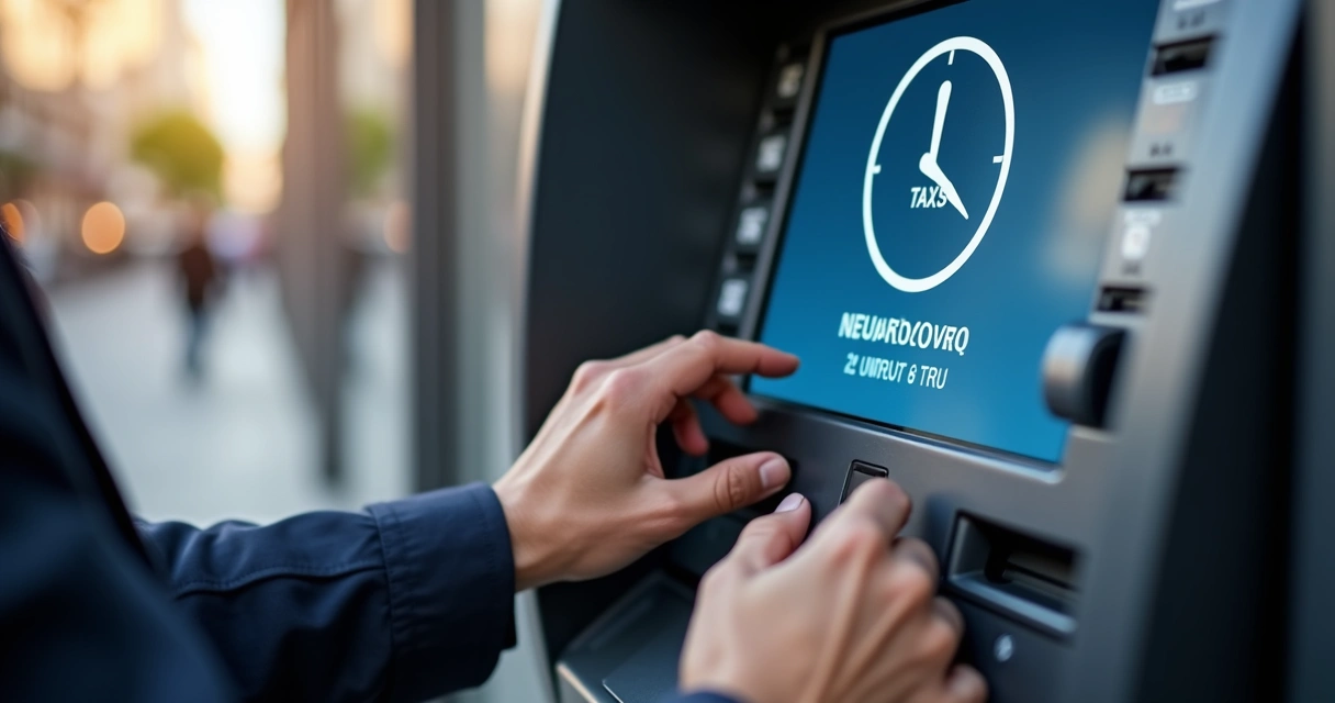 Pessoa realizando saque em caixa eletrônico 24 horas com tela exibindo opções de taxas e valores 