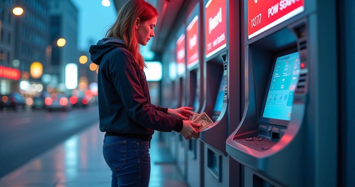 Pessoa sacando dinheiro em caixa eletrônico 24 horas em ambiente urbano moderno 
