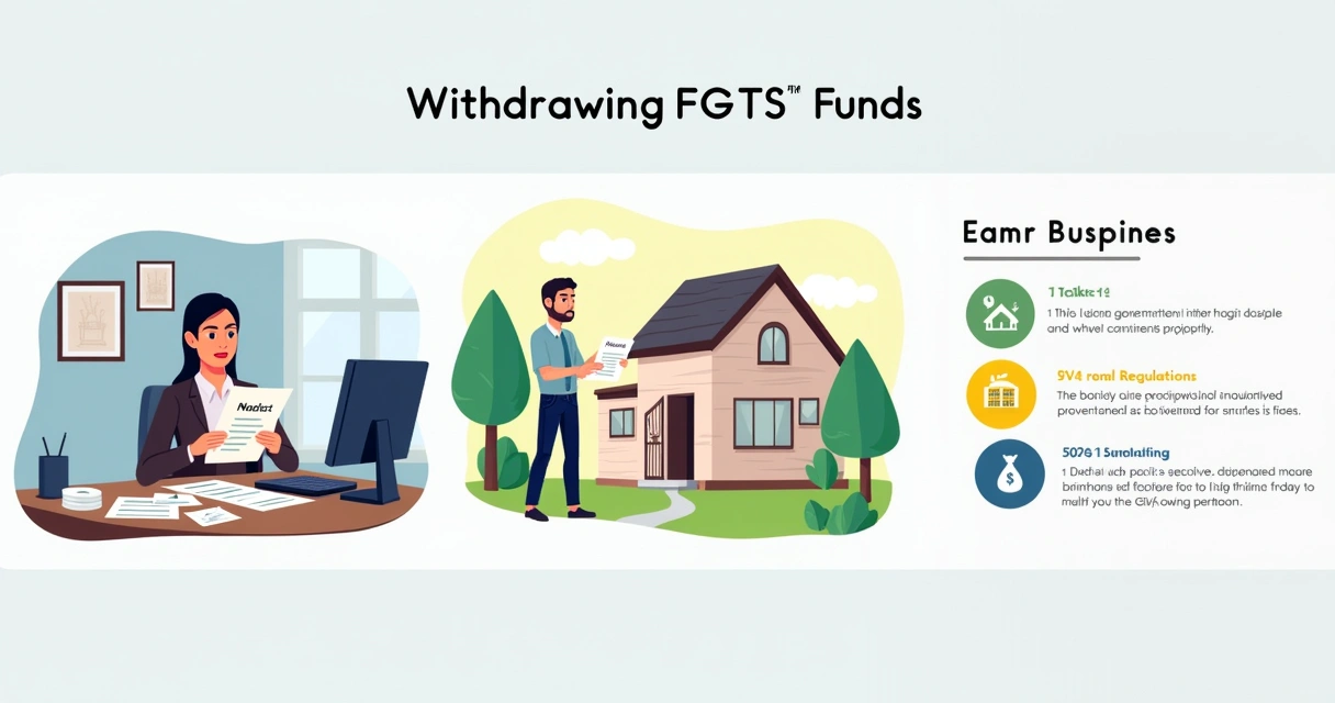 Ilustração de saques do FGTS com demissão, compra de imóvel e mudanças governamentais.