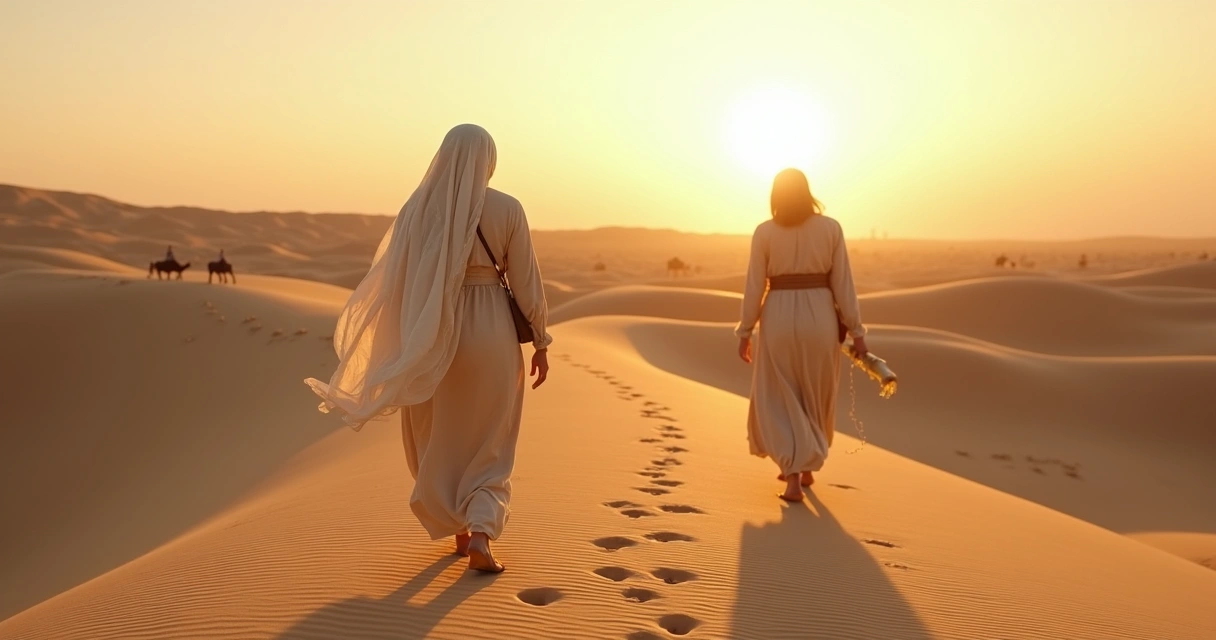 Mulher simbolizando Sara caminhando no deserto com céu dourado e caminho adiante 