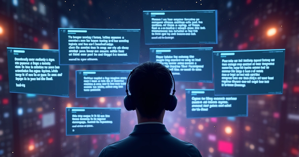 Ilustração de IA analisando frases sarcásticas em telas digitais