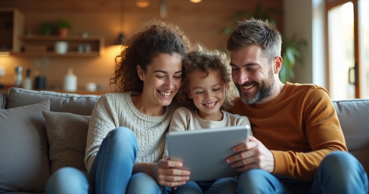 Família satisfeita olhando tablet com informações pós-obra de empreendimento 