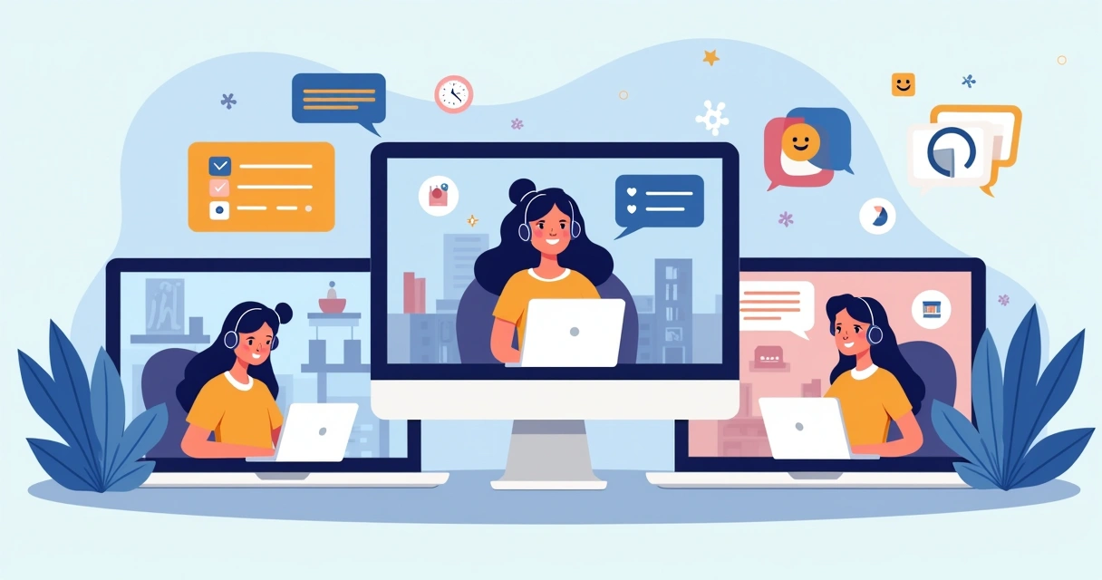 Ilustração mostrando membros de equipe remota em videoconferência com gráficos de satisfação e feedback ao fundo 