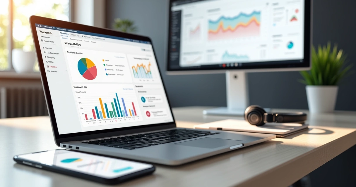 Dashboard com métricas de satisfação de leitores em blog automatizado na tela de um laptop 