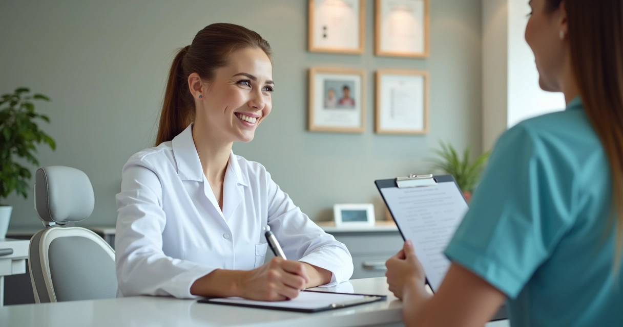 Paciente sorrindo após atendimento em clínica odontológica, segurando questionário de satisfação 