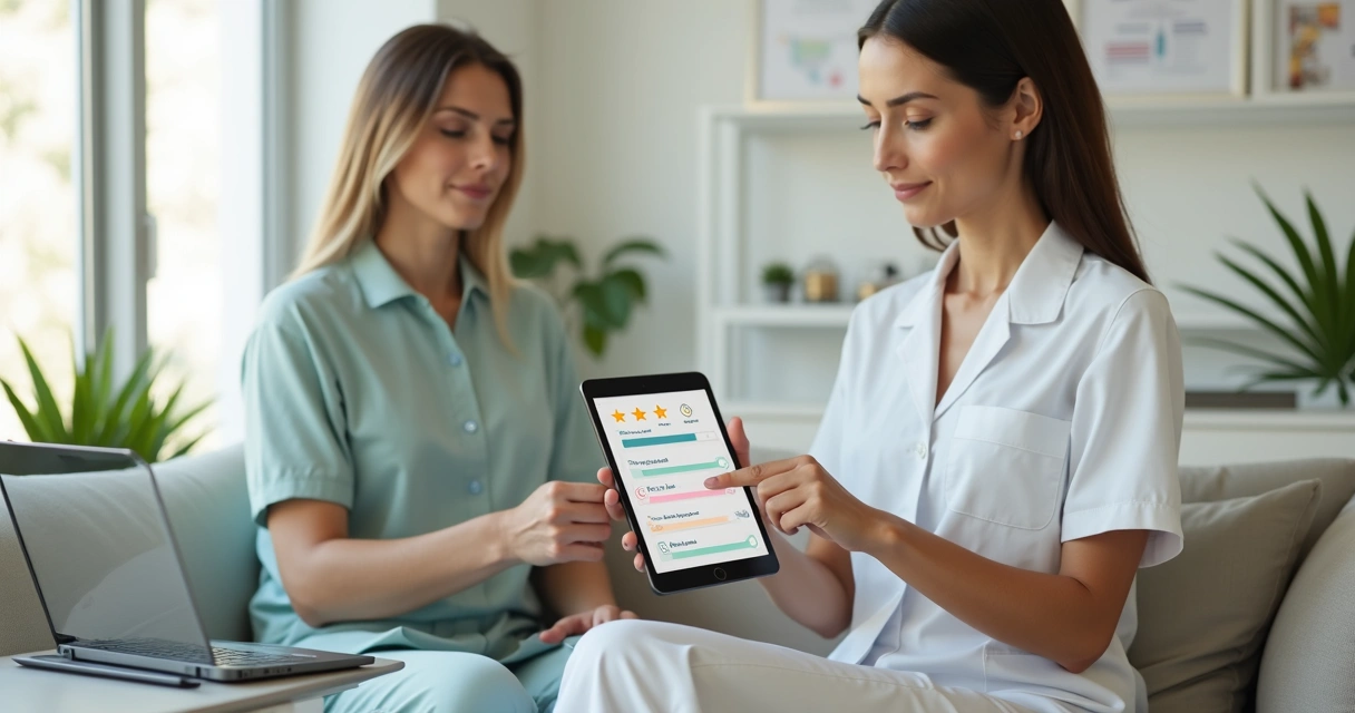 Profissional de saúde mostrando pesquisa de satisfação para paciente em clínica moderna 