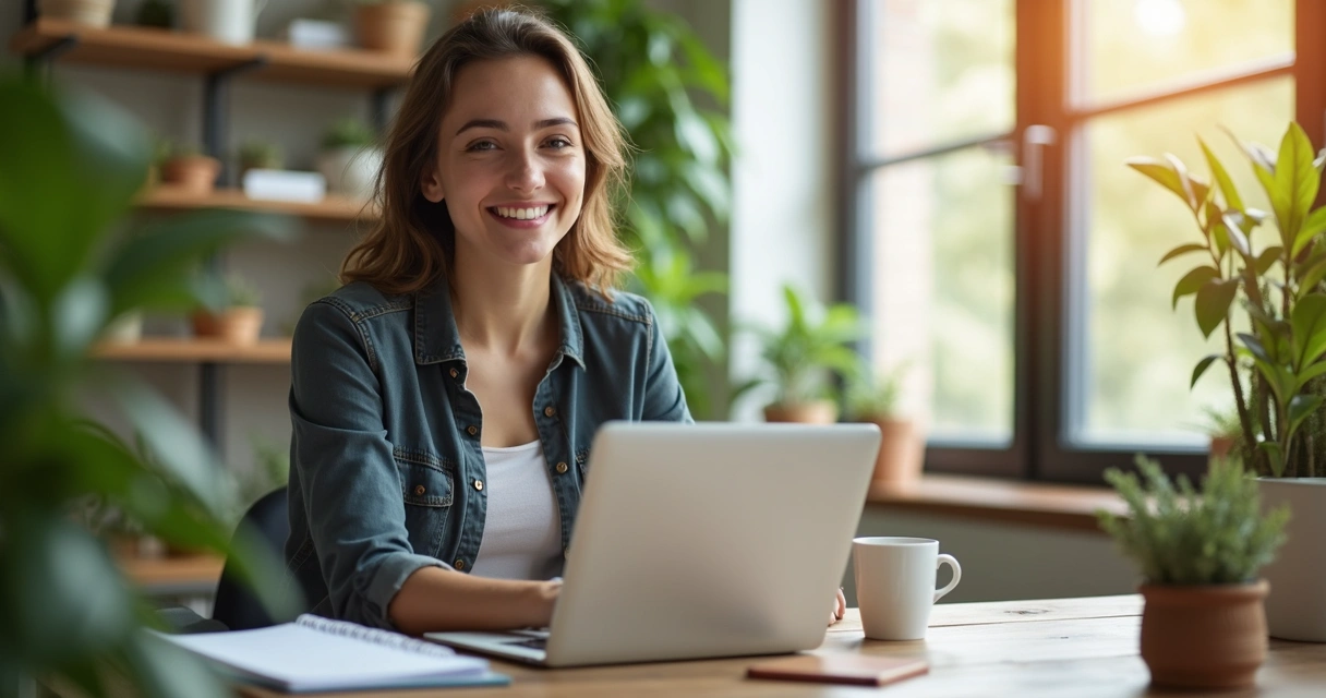 Jovem sorrindo em escritório aconchegante, com plantas e luz natural