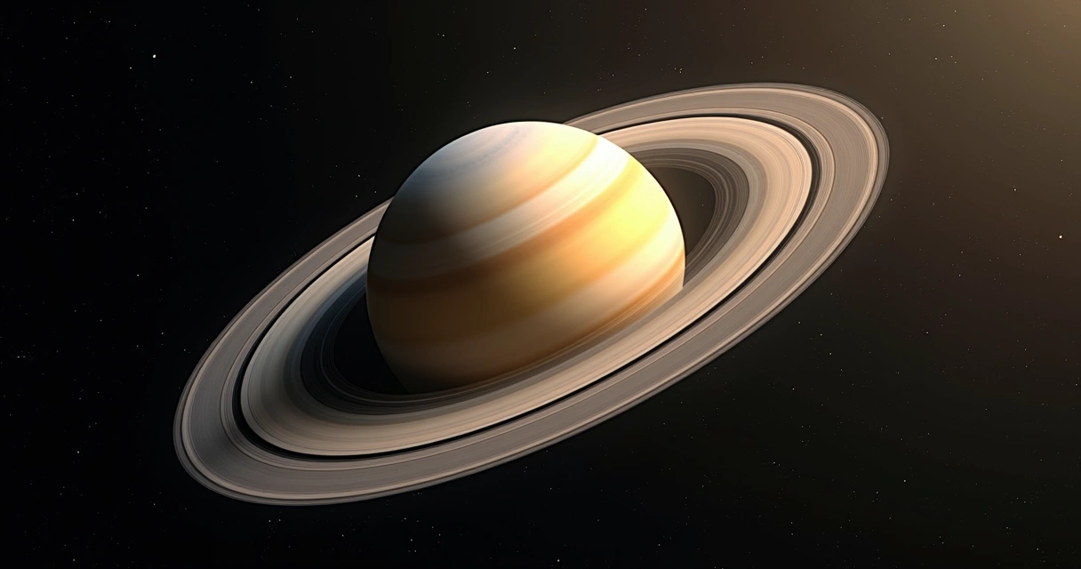 Saturno com seus anéis largos e detalhados em alta resolução contra o fundo escuro do espaço 