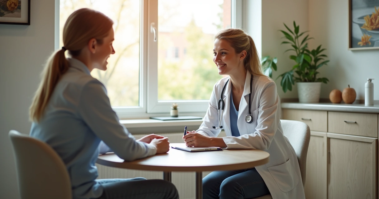Profissional de saúde conversando com paciente em consultório moderno e acolhedor.