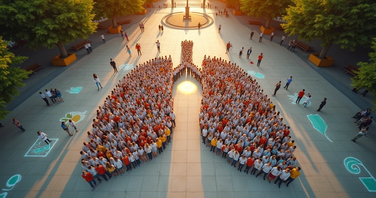 Vista aérea de pessoas formando mosaico em praça com símbolos de saúde e união 