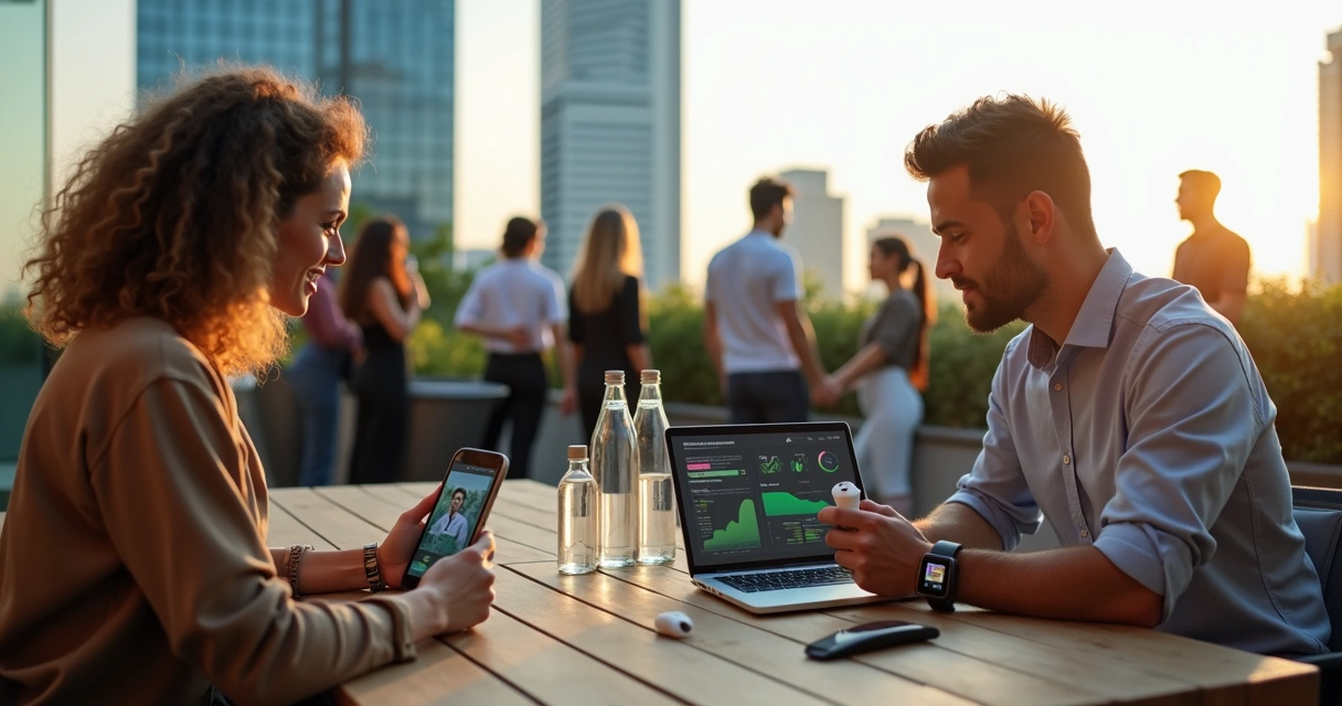 Colaboradores consultando aplicativos de saúde em smartphones durante pausa ao ar livre 