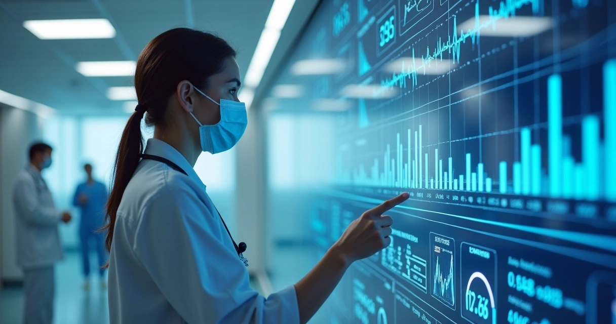 Profissional de saúde analisando dados médicos em tela digital moderna 