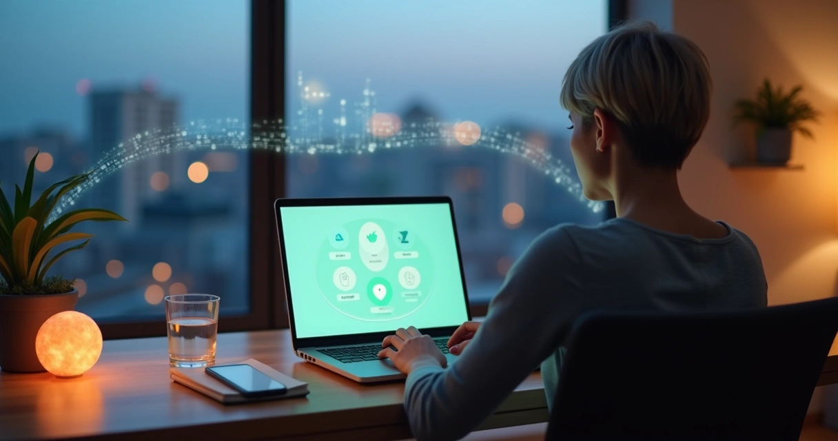 Pessoa em ambiente digital sereno equilibrando conexao online e bem-estar emocional 