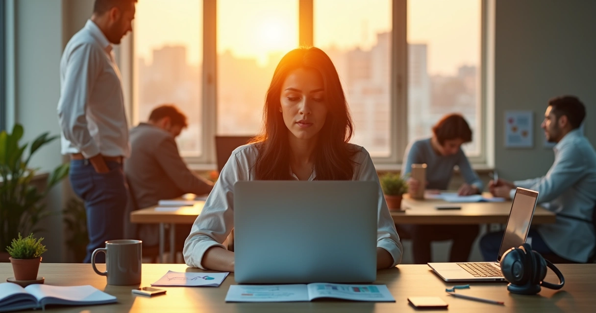 Funcionário em escritório com equilíbrio entre bem-estar emocional e produtividade 