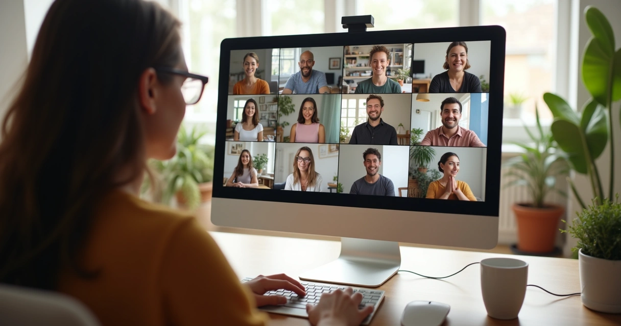 Equipe remota praticando saúde emocional com rituais de integração online 
