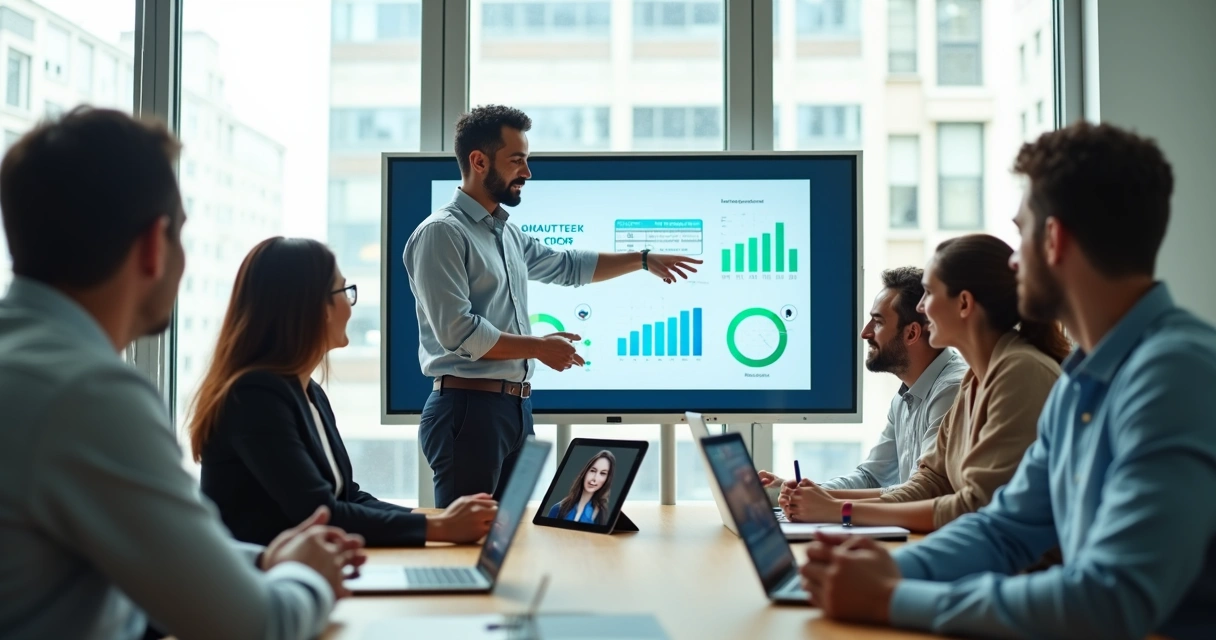 Gestor apresenta dados financeiros e de saúde para equipe em sala de reunião moderna 