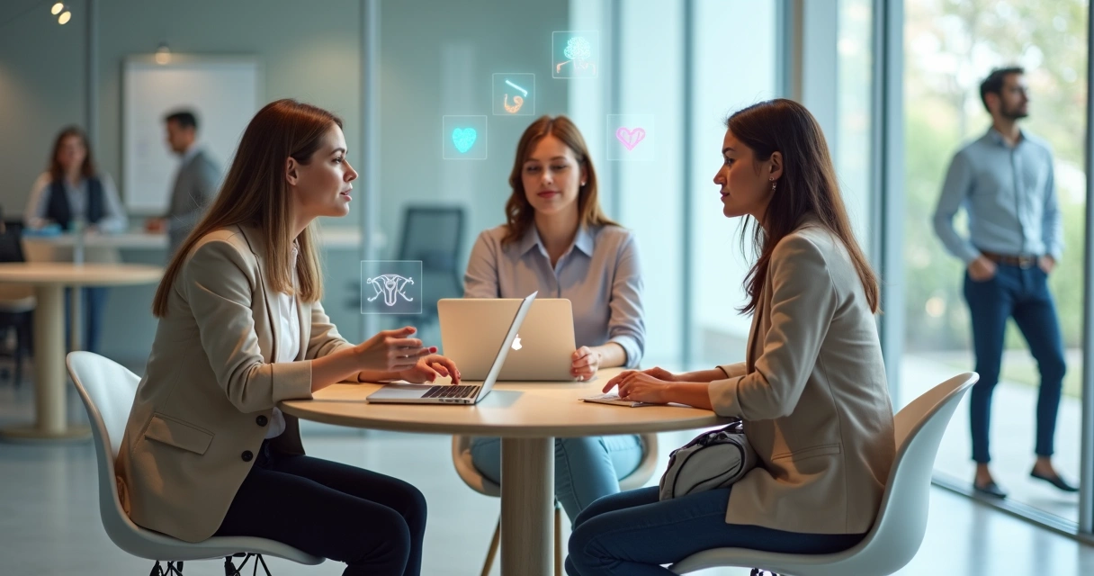 Mulheres em reunião de trabalho com ícones transparentes de saúde ao redor 