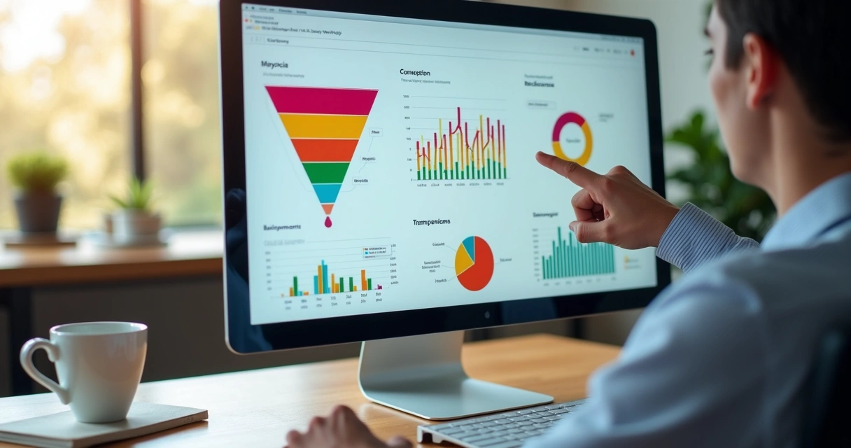 Dashboard de funil de vendas com gráficos coloridos 