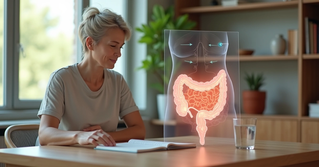 Mulher adulta observa ilustração do intestino em ambiente tranquilo de casa 