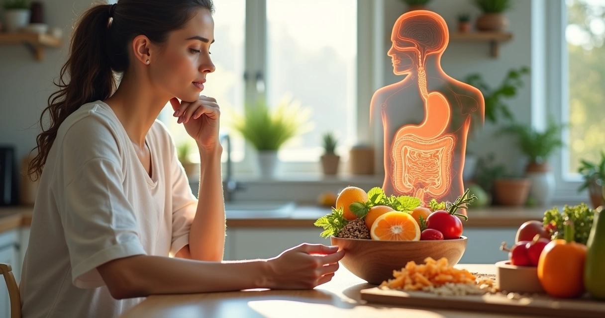 Mulher observando alimentos saudáveis e ilustração de intestino humano sobreposta 
