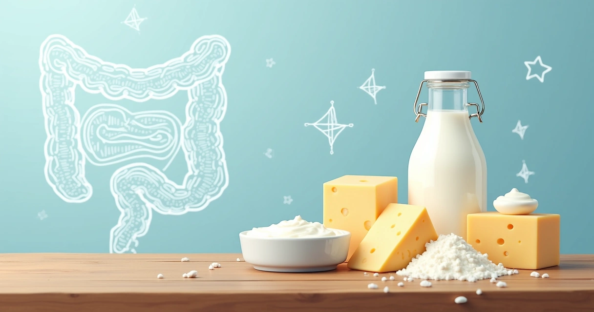 Alimentos como leite e queijos sobre uma mesa com elementos do intestino desenhados no fundo