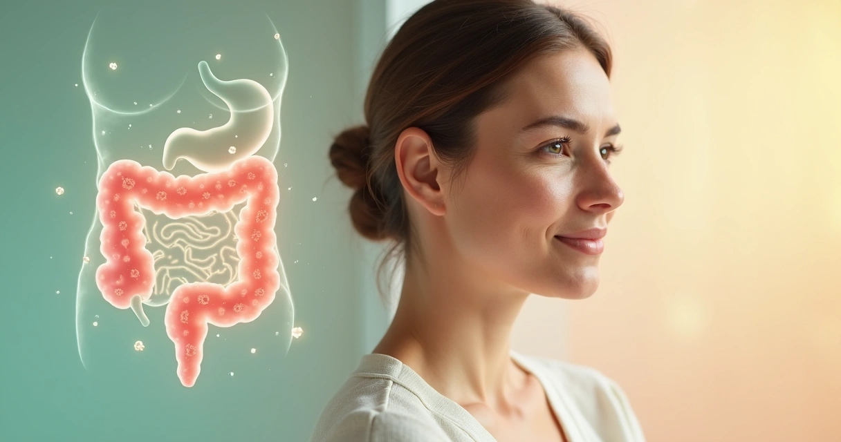 Rosto feminino saudável sobreposto a ilustração de intestino com flora equilibrada 