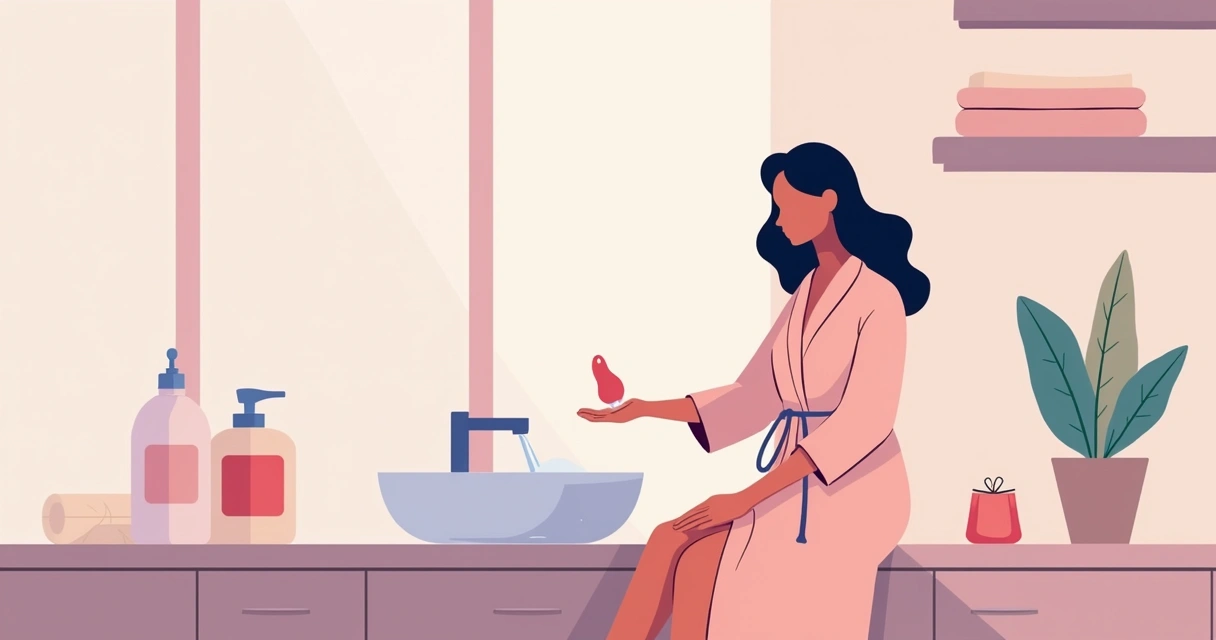 Ilustração de mulher segurando acessório erótico com foco em higiene íntima segura 