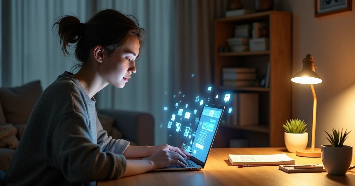 Pessoa usando notebook à noite com expressão serena e notificações digitais suavizadas ao fundo 