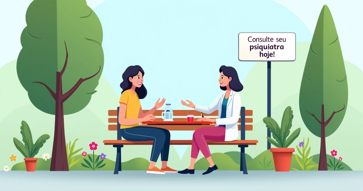 Mulher conversando com um psiquiatra em um parque, transmitindo apoio em saúde mental.