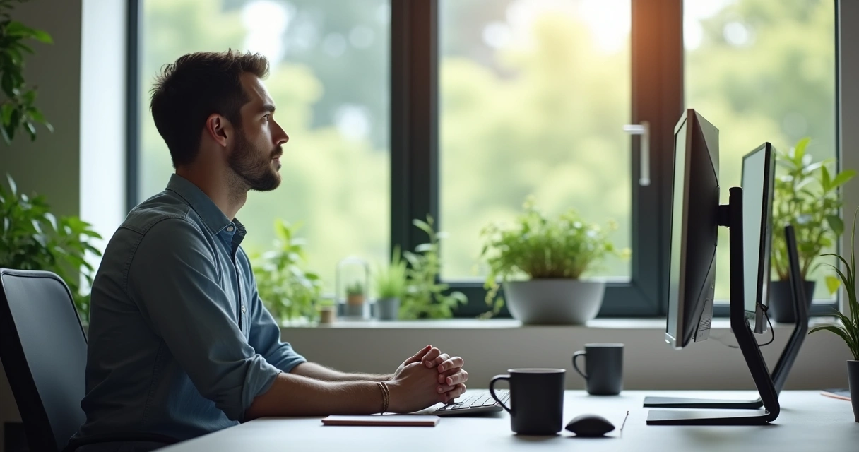 Funcionário sentado em uma mesa de escritório olhando para o horizonte com expressão de tranquilidade 
