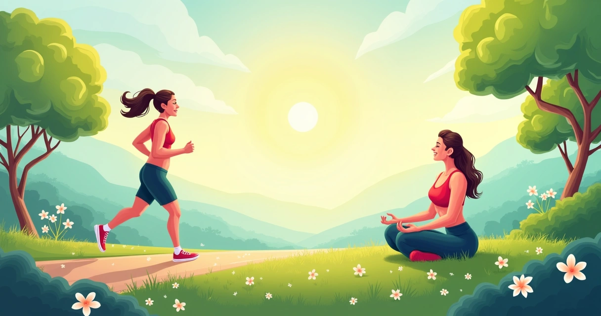 Jogging person in a peaceful park, meditating after exercise, representing the link between mental health and physical performance.