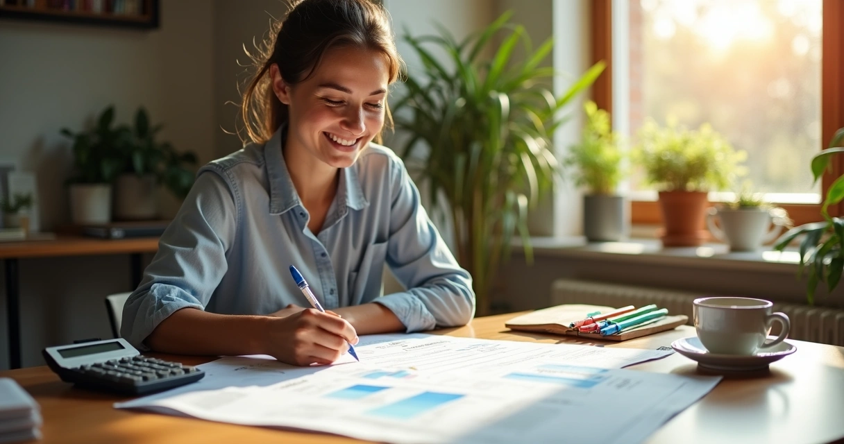 Pessoa sentada com planilha sorrindo e materiais de finanças ao redor