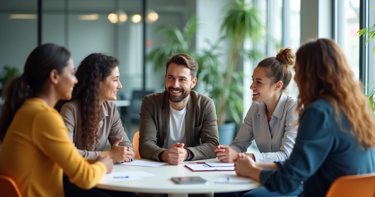 Equipe de empresa diversa, sorrindo, sentada em círculo com psicólogo 
