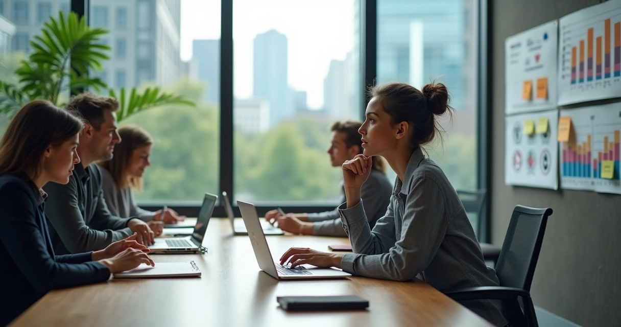 Executiva em reunião olhando pela janela enquanto equipe trabalha ao fundo 