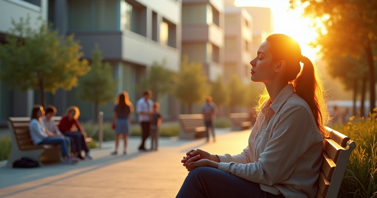 Pessoa em reflexão conectada simbolicamente a uma cidade movimentada 