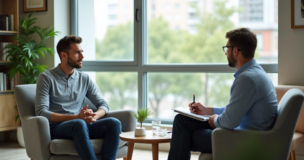 Homem sentado em consultório de psicologia conversando com terapeuta 