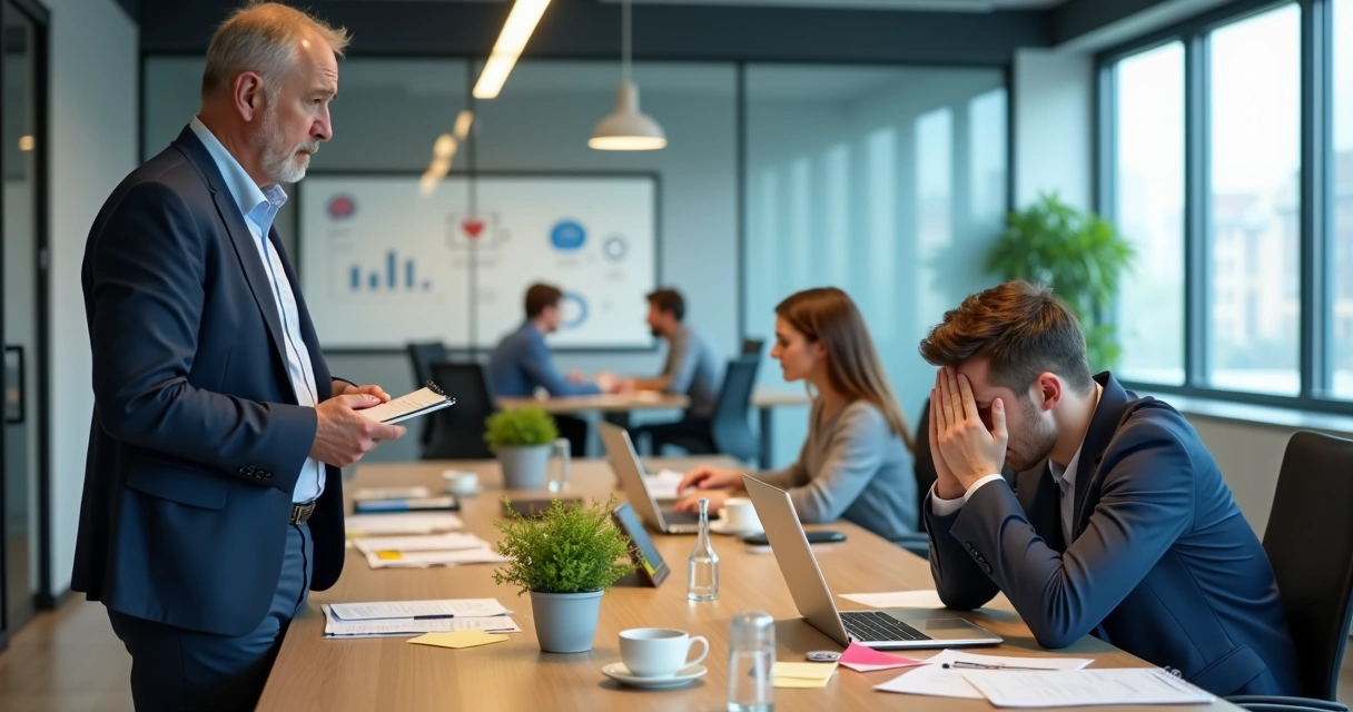 Equipe em escritório moderno com foco em saúde mental e trabalho equilibrado 