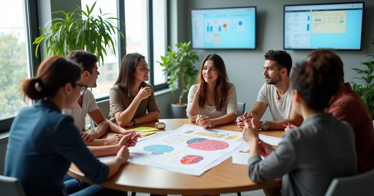 Trabalhadores de diferentes idades conversando sobre saúde mental em ambiente de escritório 